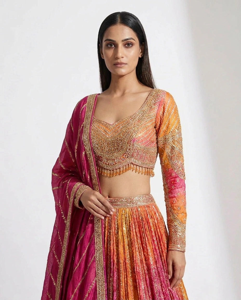 Rani/Orange Chinon Croptop Lehenga with Embroidered Croptop view 2