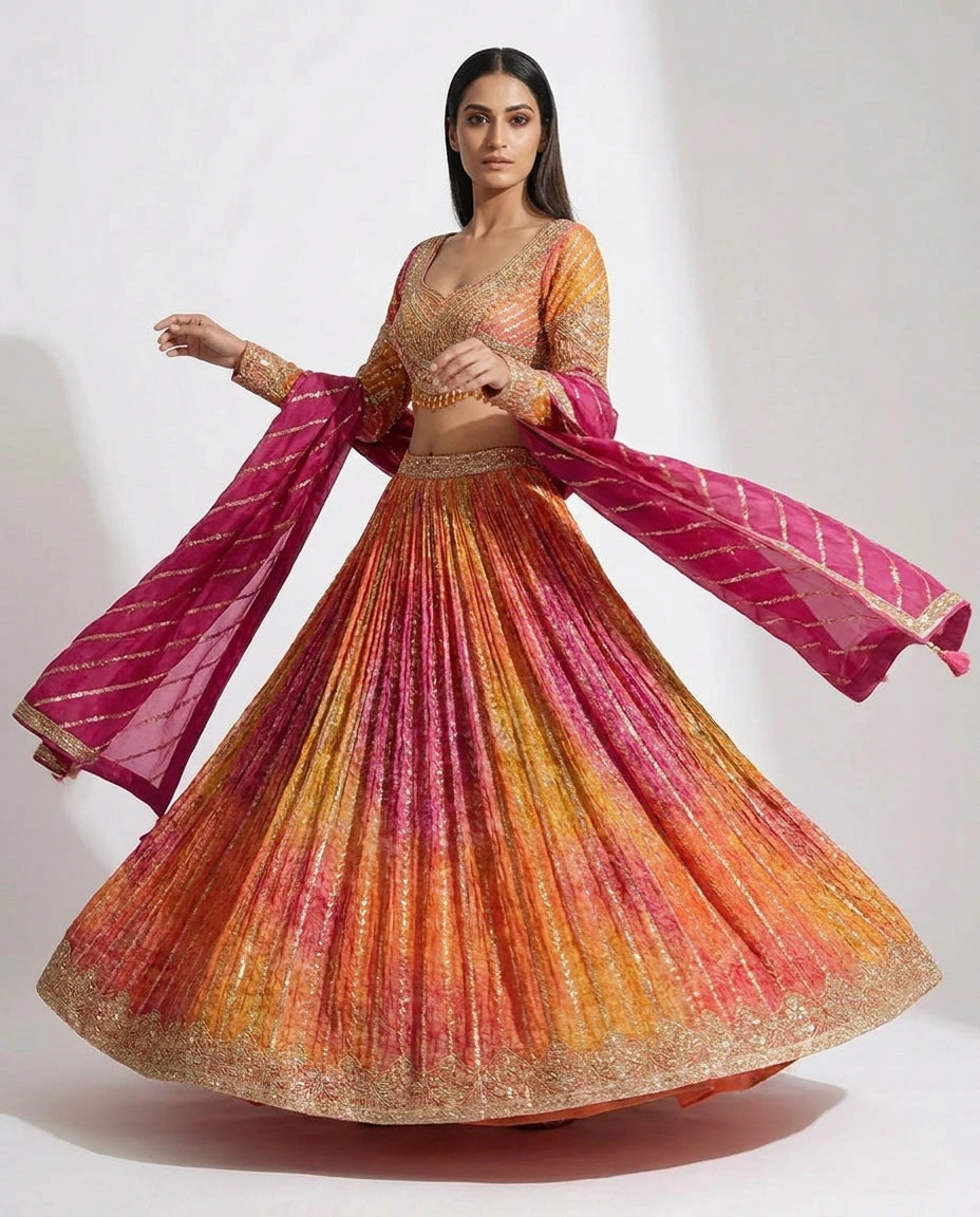 Rani/Orange Chinon Croptop Lehenga with Embroidered Croptop view 3