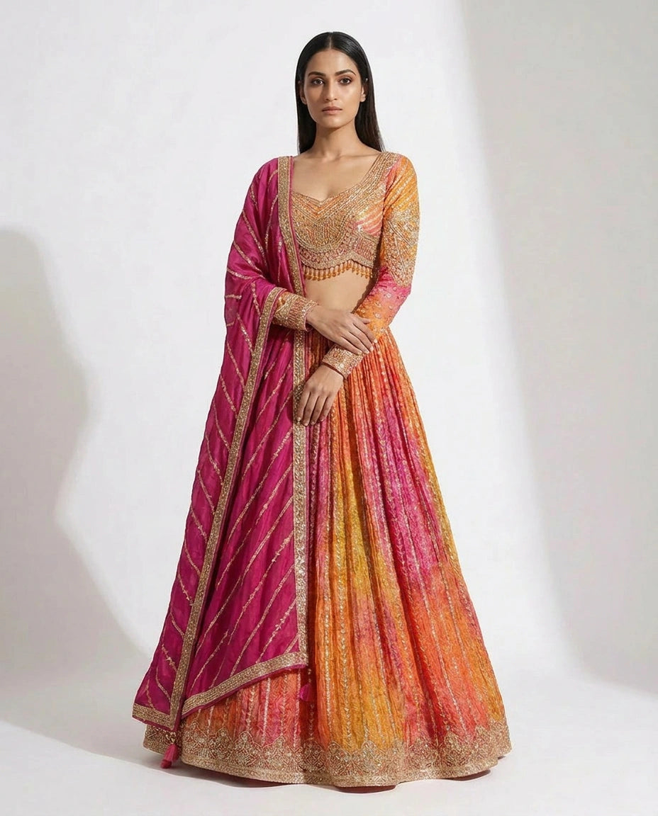 Rani/Orange Chinon Croptop Lehenga with Embroidered Croptop view 4
