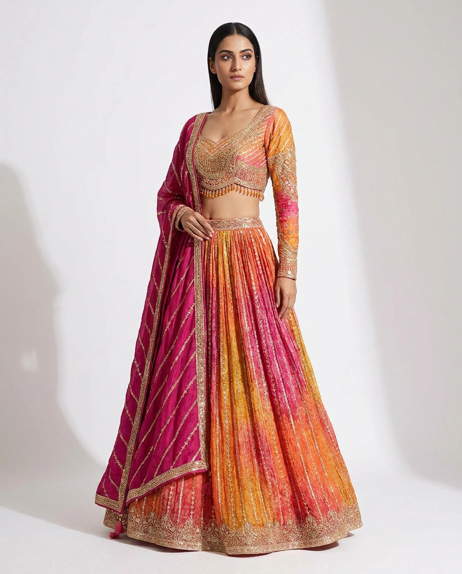 Rani/Orange Chinon Croptop Lehenga with Embroidered Croptop - Rangoli India