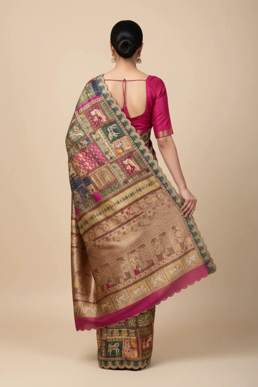 Woman wearing a traditional saree with intricate patterns on a beige background