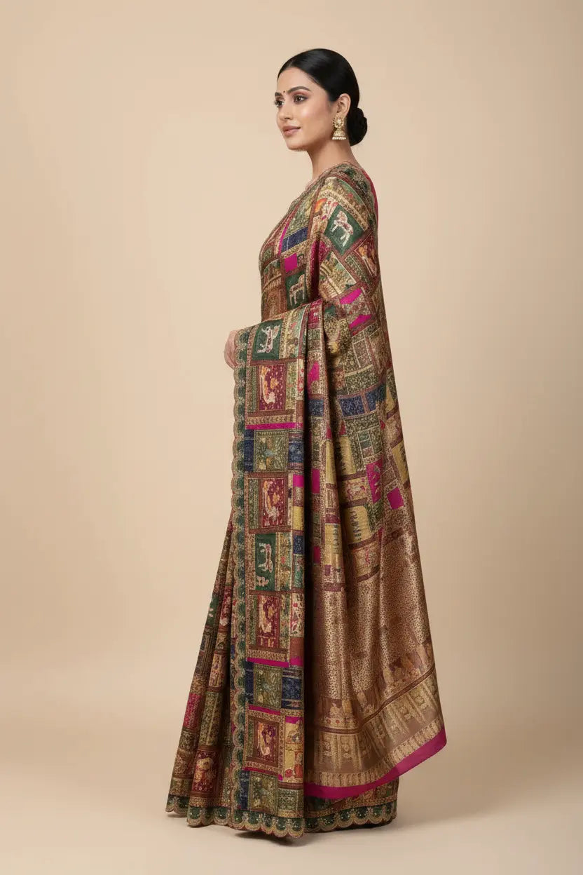 Woman wearing a long, patterned dress against a beige background