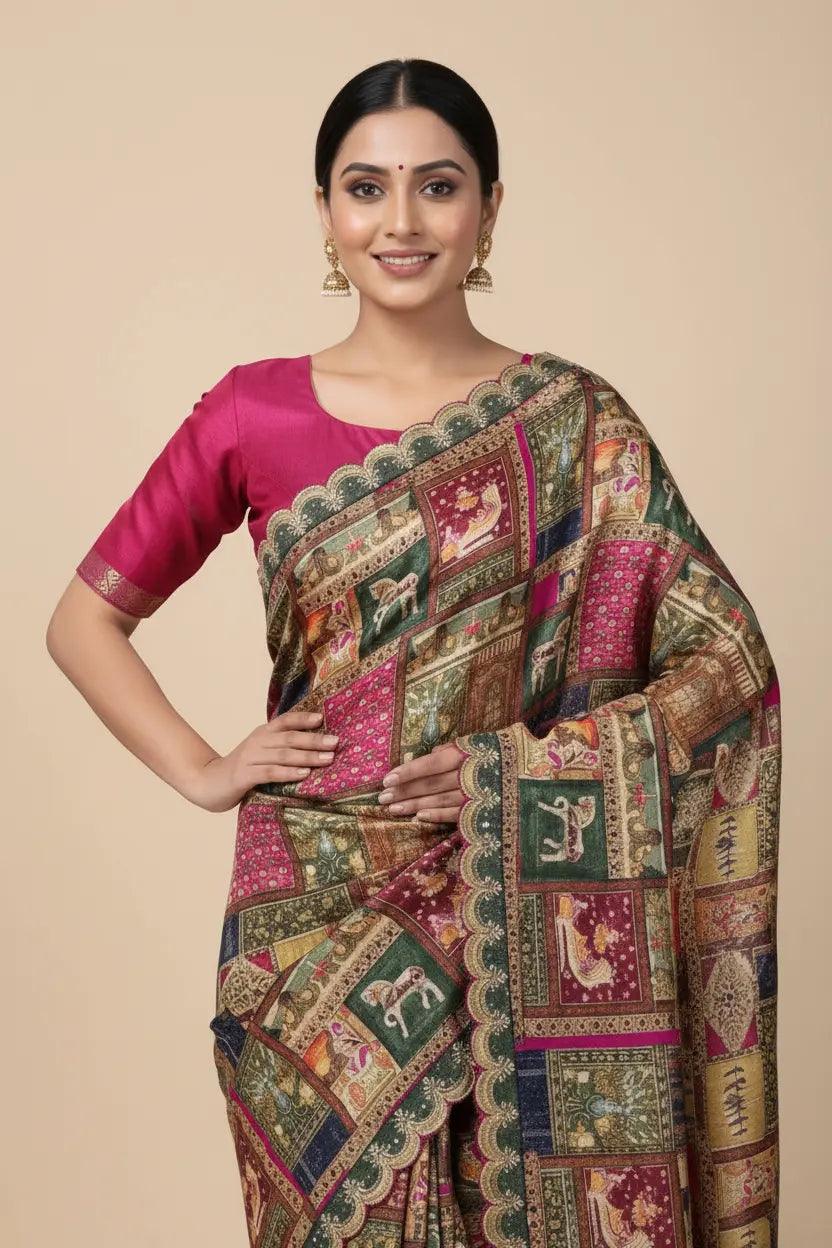 Woman wearing a traditional saree with a patchwork design on a beige background