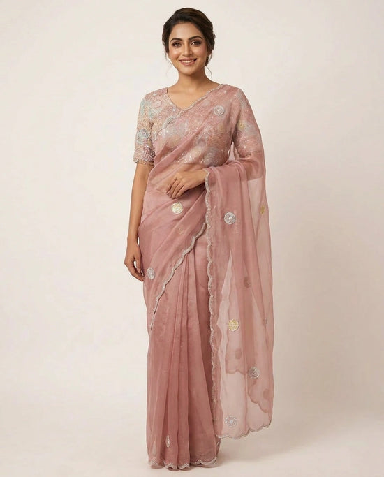 Pink Organza Embroidered Saree with Floral Embellishments - Rangoli India
