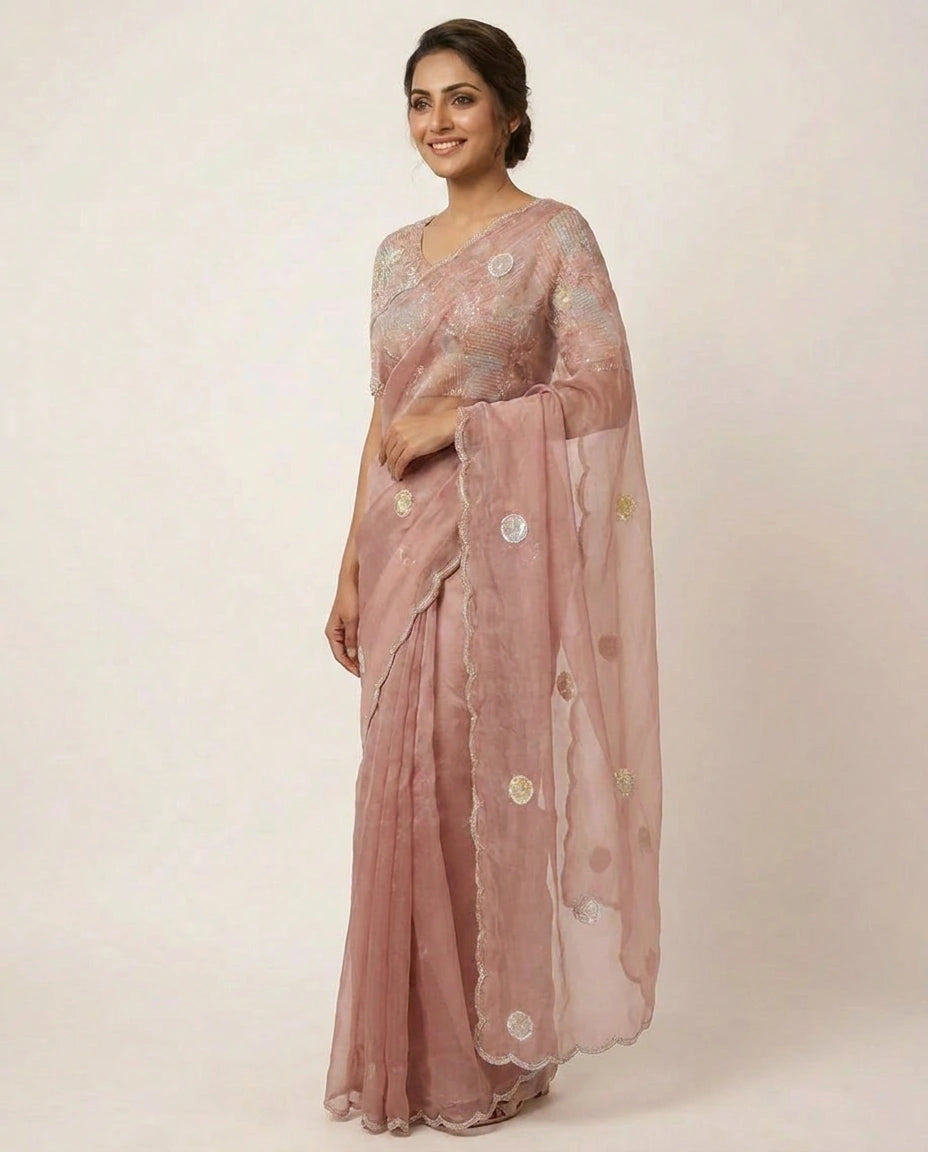 Pink Organza Embroidered Saree with Floral Embellishments - Rangoli India