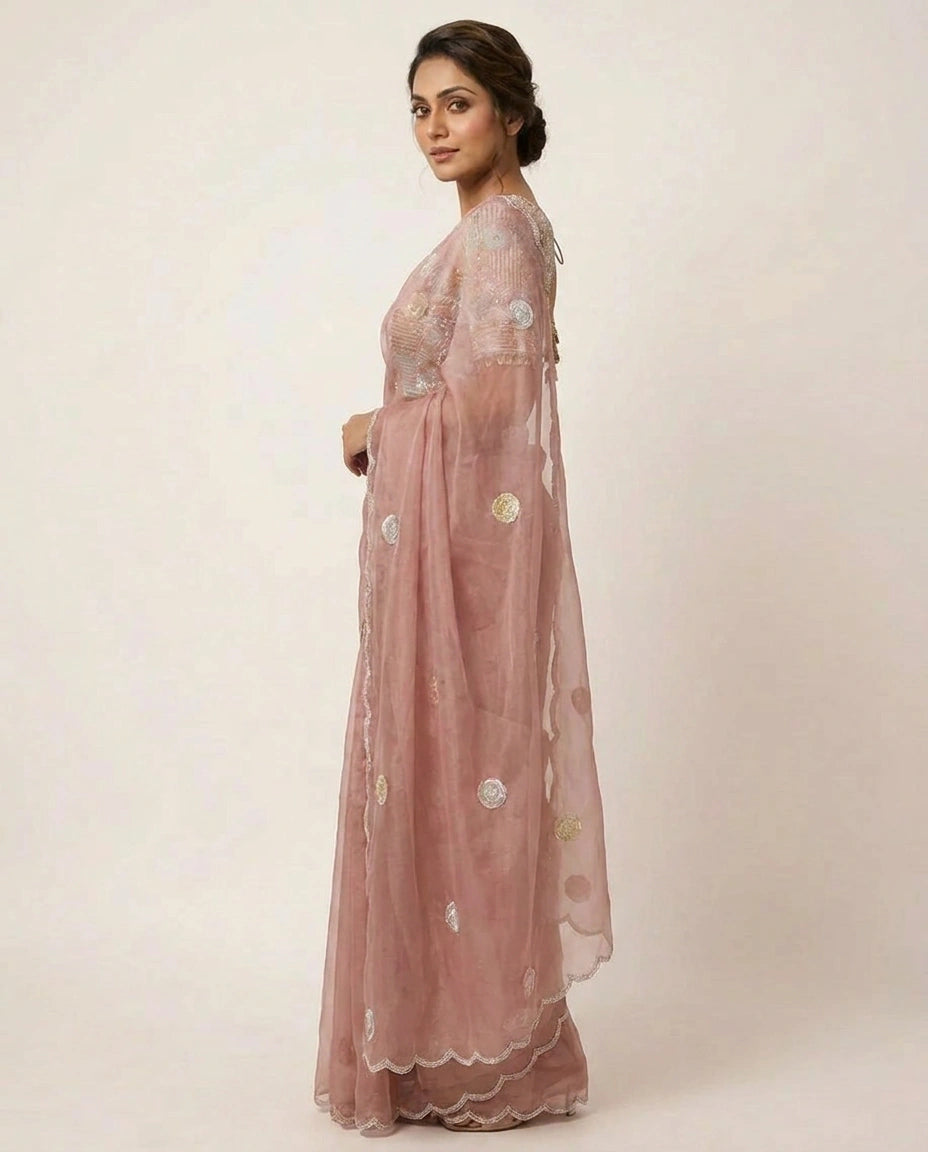 Pink Organza Embroidered Saree with Floral Embellishments - Rangoli India