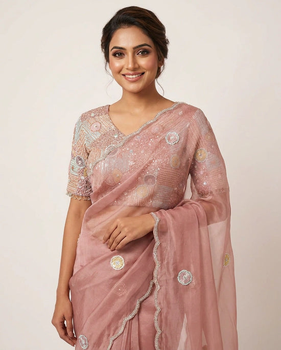 Pink Organza Embroidered Saree with Floral Embellishments - Rangoli India