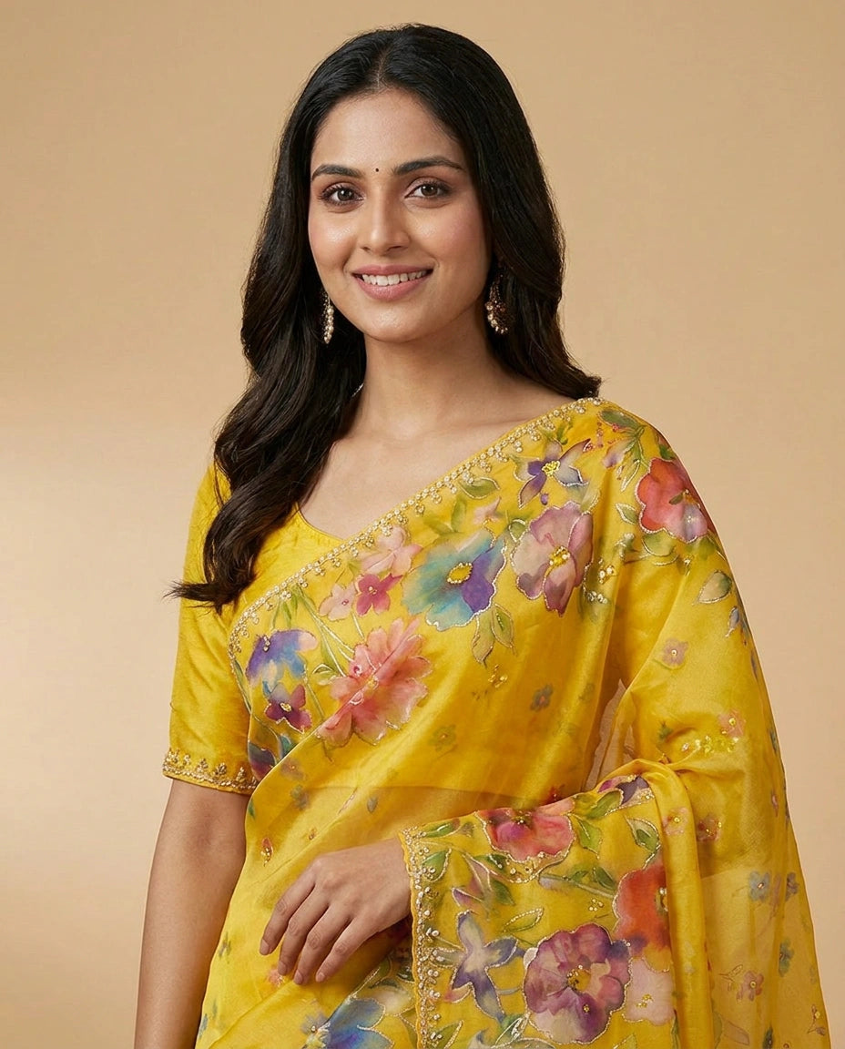 Organza Saree with Embroidered Scalloped Border Online India - Rangoli India