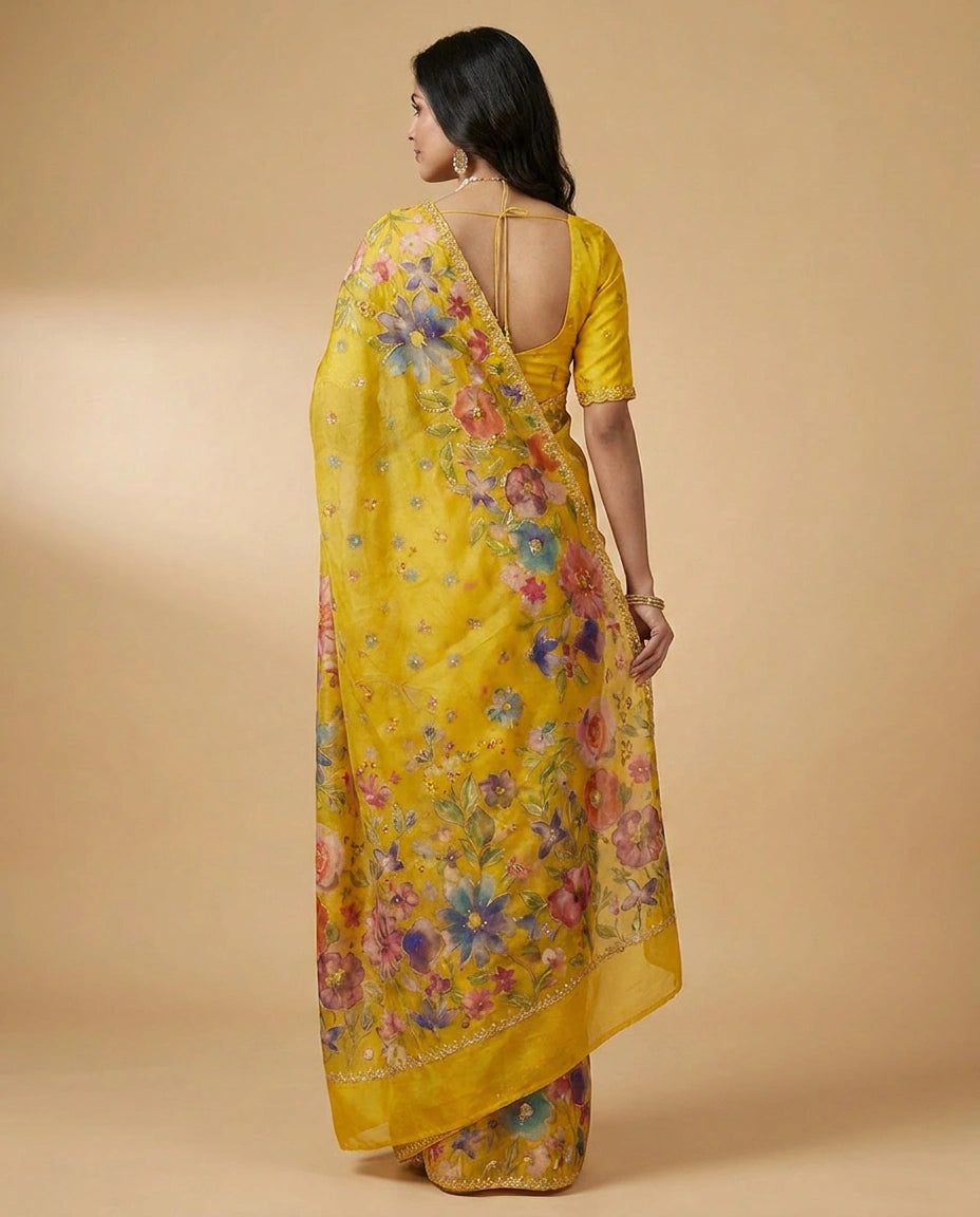 Organza Saree with Embroidered Scalloped Border Online India - Rangoli India