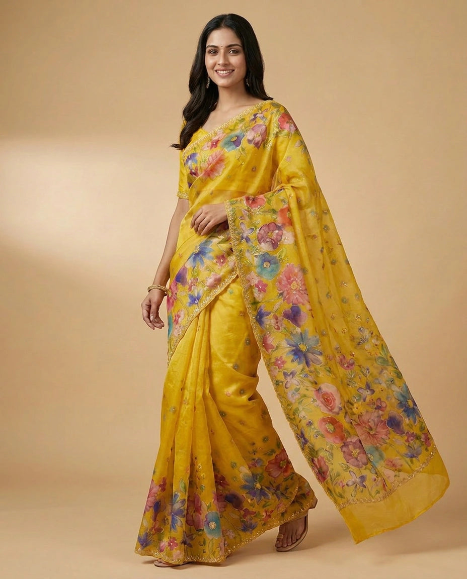 Organza Saree with Embroidered Scalloped Border Online India - Rangoli India