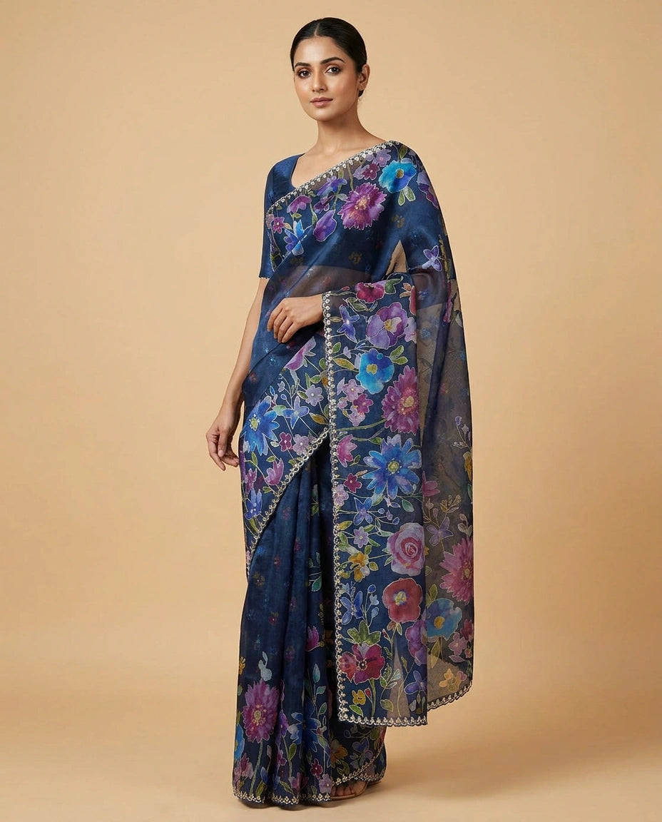 Organza Saree with Embroidered Scalloped Border Online India - Rangoli India