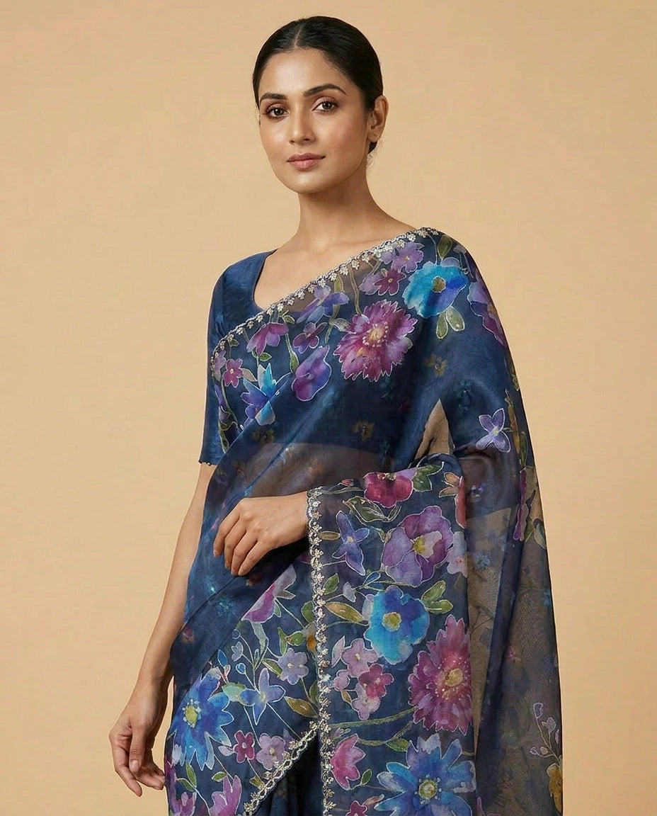 Organza Saree with Embroidered Scalloped Border Online India - Rangoli India