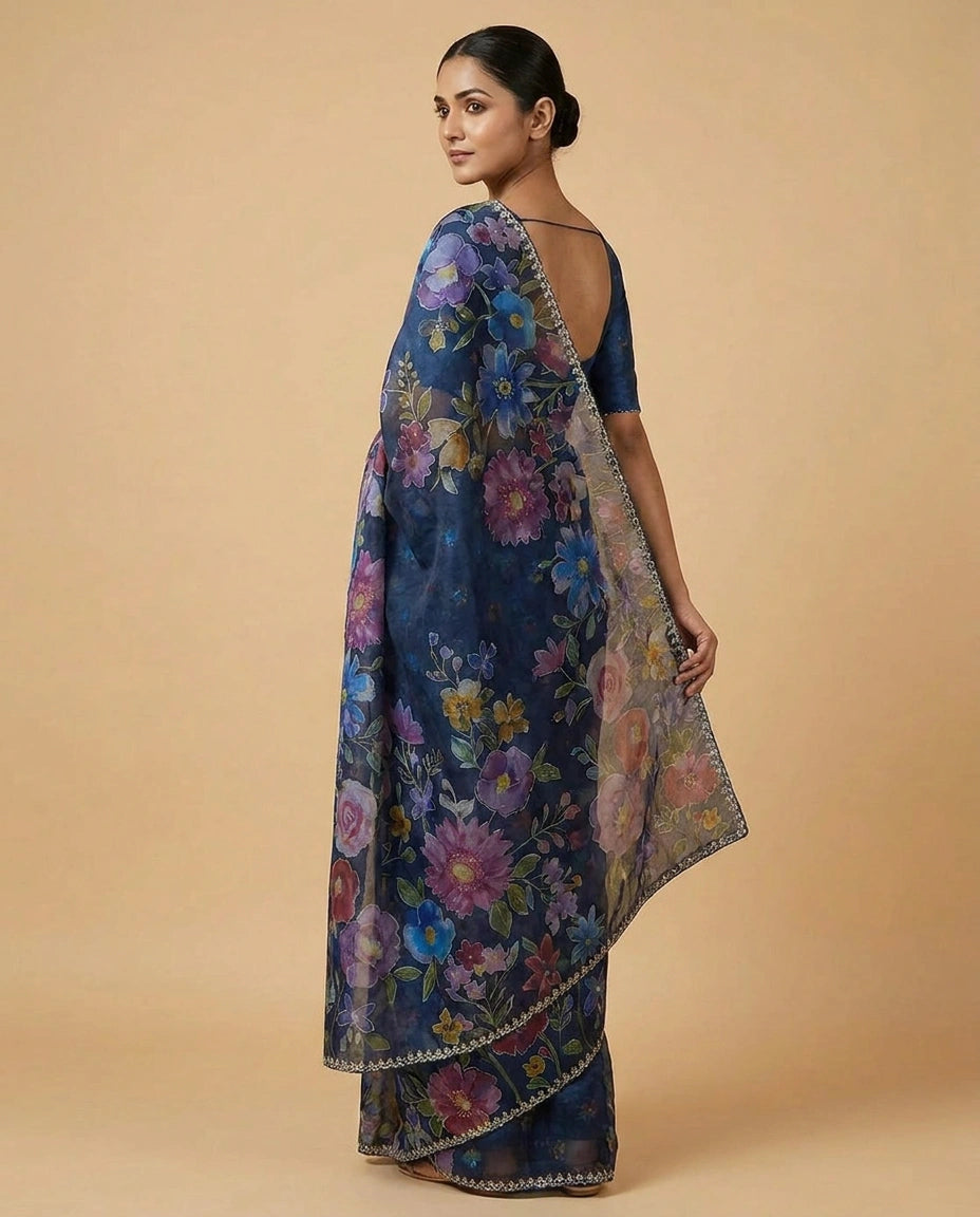 Organza Saree with Embroidered Scalloped Border Online India - Rangoli India