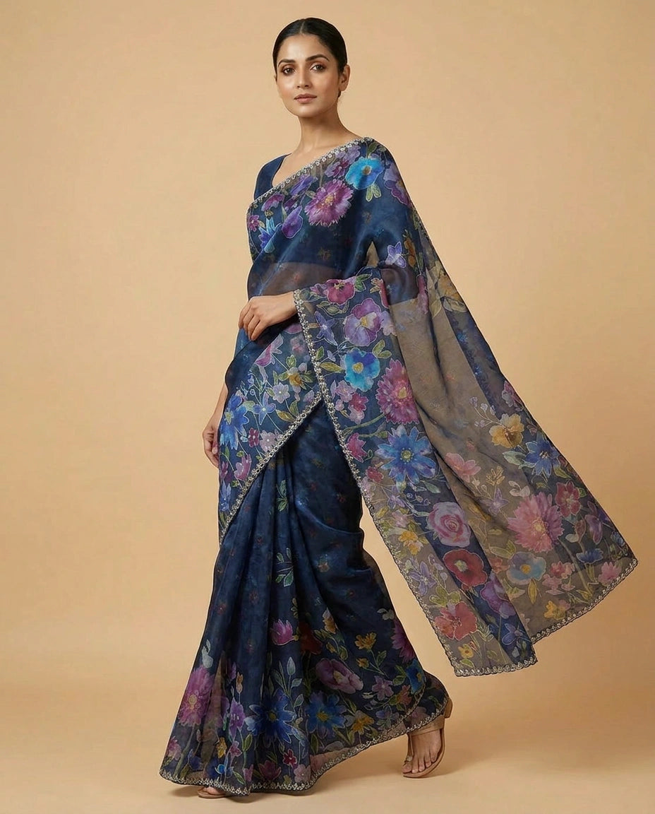 Organza Saree with Embroidered Scalloped Border Online India - Rangoli India