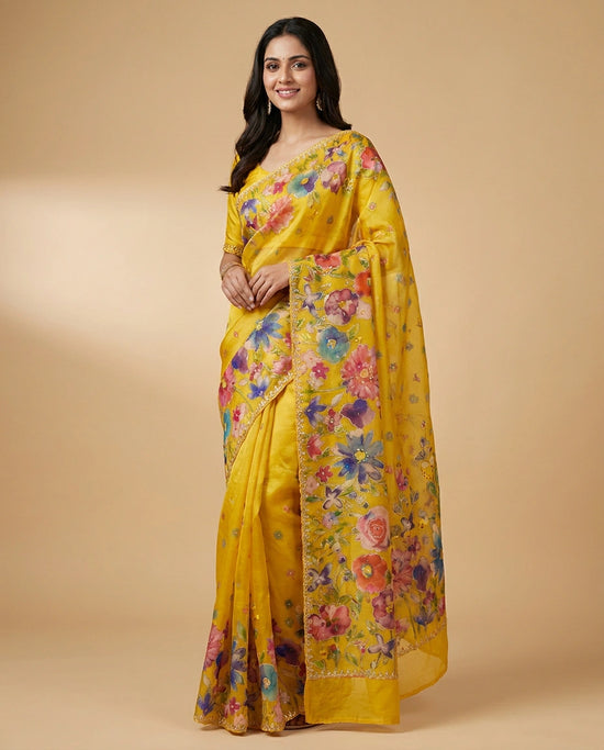 Organza Saree with Embroidered Scalloped Border Online India - Rangoli India