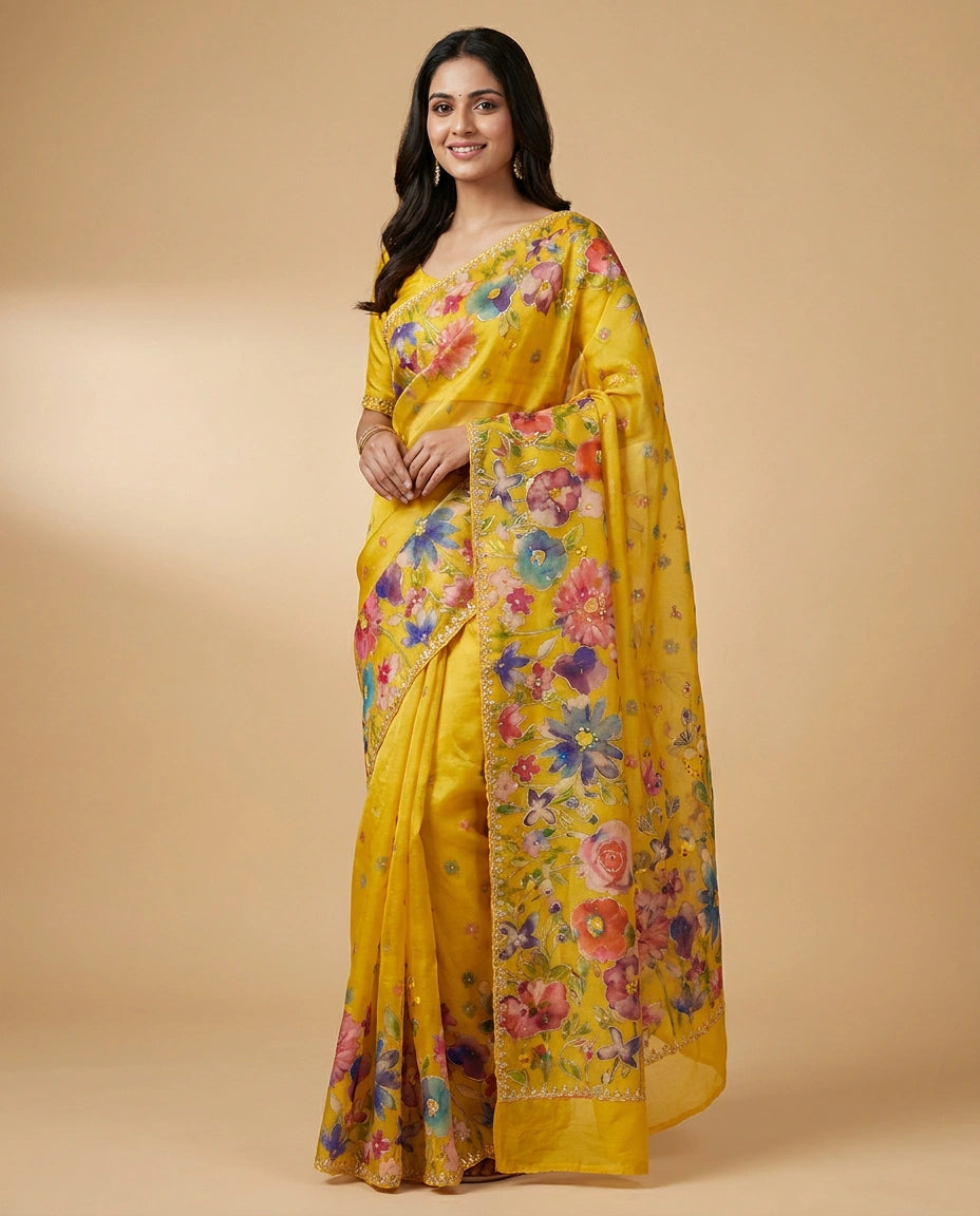 Organza Saree with Embroidered Scalloped Border Online India - Rangoli India