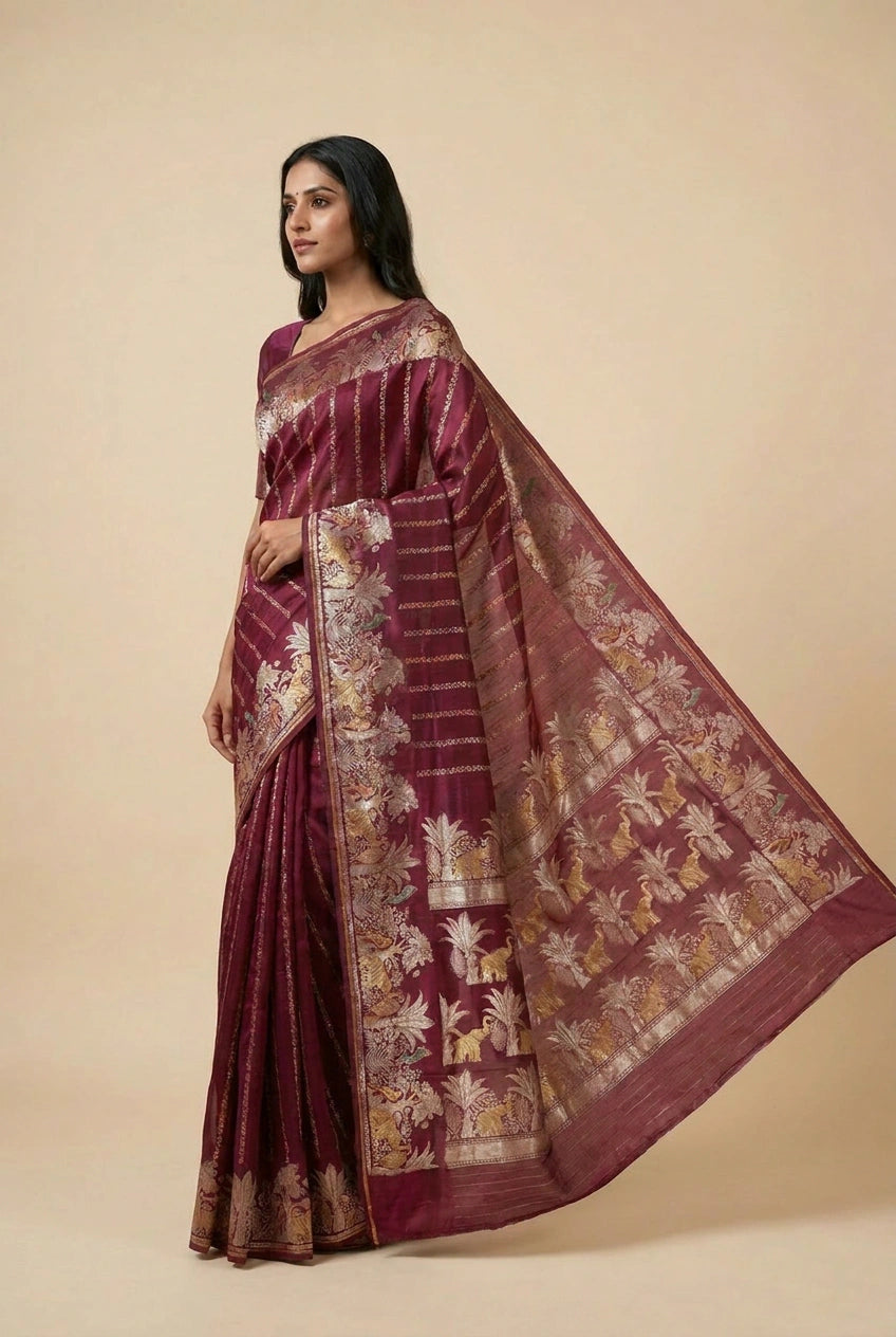 Woman wearing a maroon saree with gold patterns on a beige background