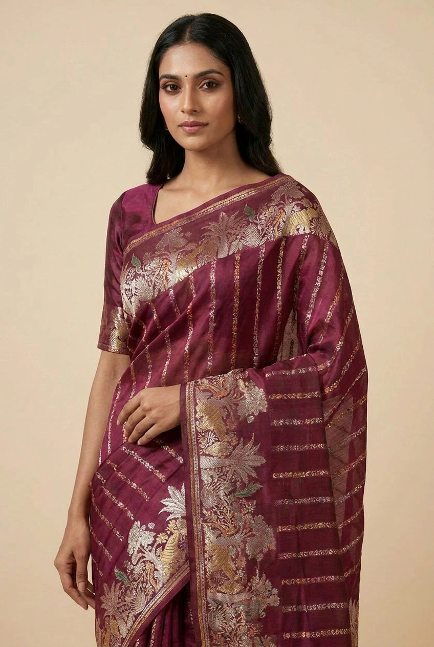 Woman wearing a maroon saree with gold patterns on a beige background