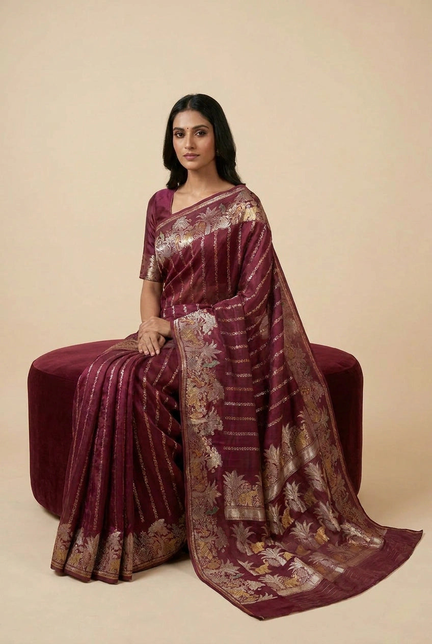 Woman wearing a maroon saree with gold patterns on a beige background