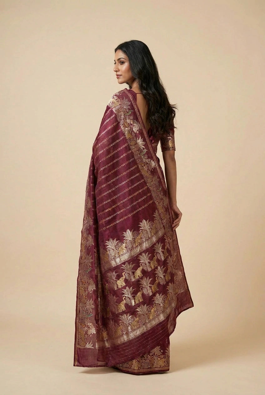 Woman wearing a maroon saree with floral patterns on a beige background