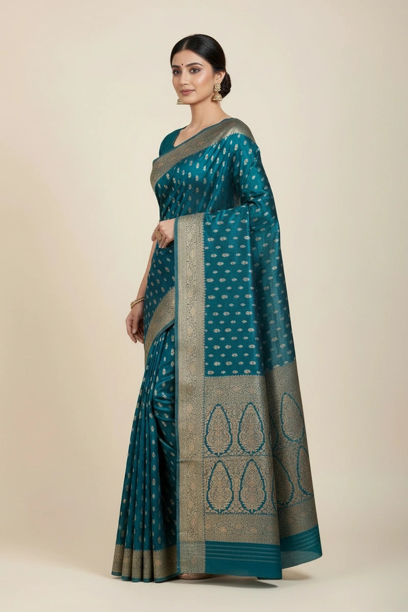 Designer Crepe Khaddi Silk Banarasi Silk Saree - Peacock Blue | Rangoli