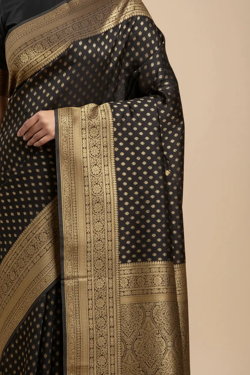 Black saree with gold patterns on a beige background