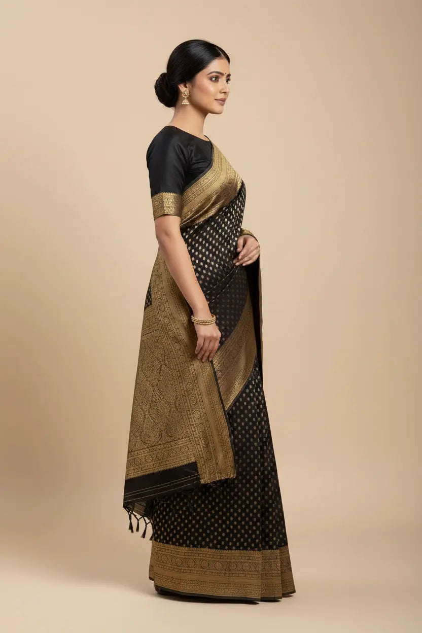 Woman wearing a black and gold saree on a beige background