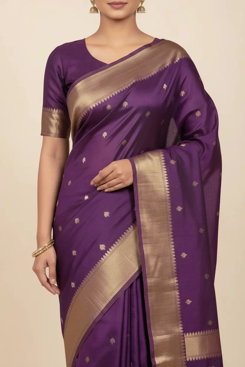 Purple saree with gold border worn by a model on a beige background