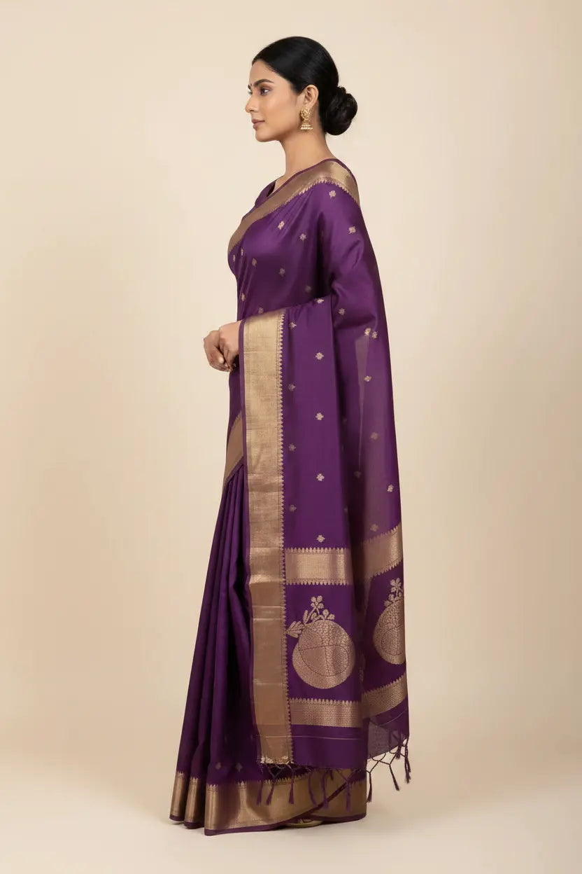Woman wearing a purple saree with gold patterns on a beige background
