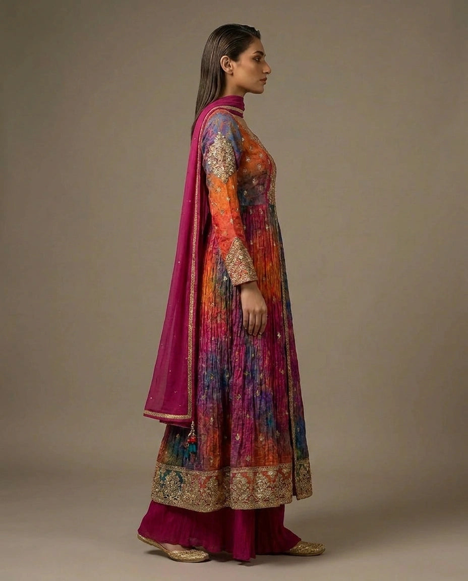Magenta Chinon Front-Slit Suit with Front Slit view 2