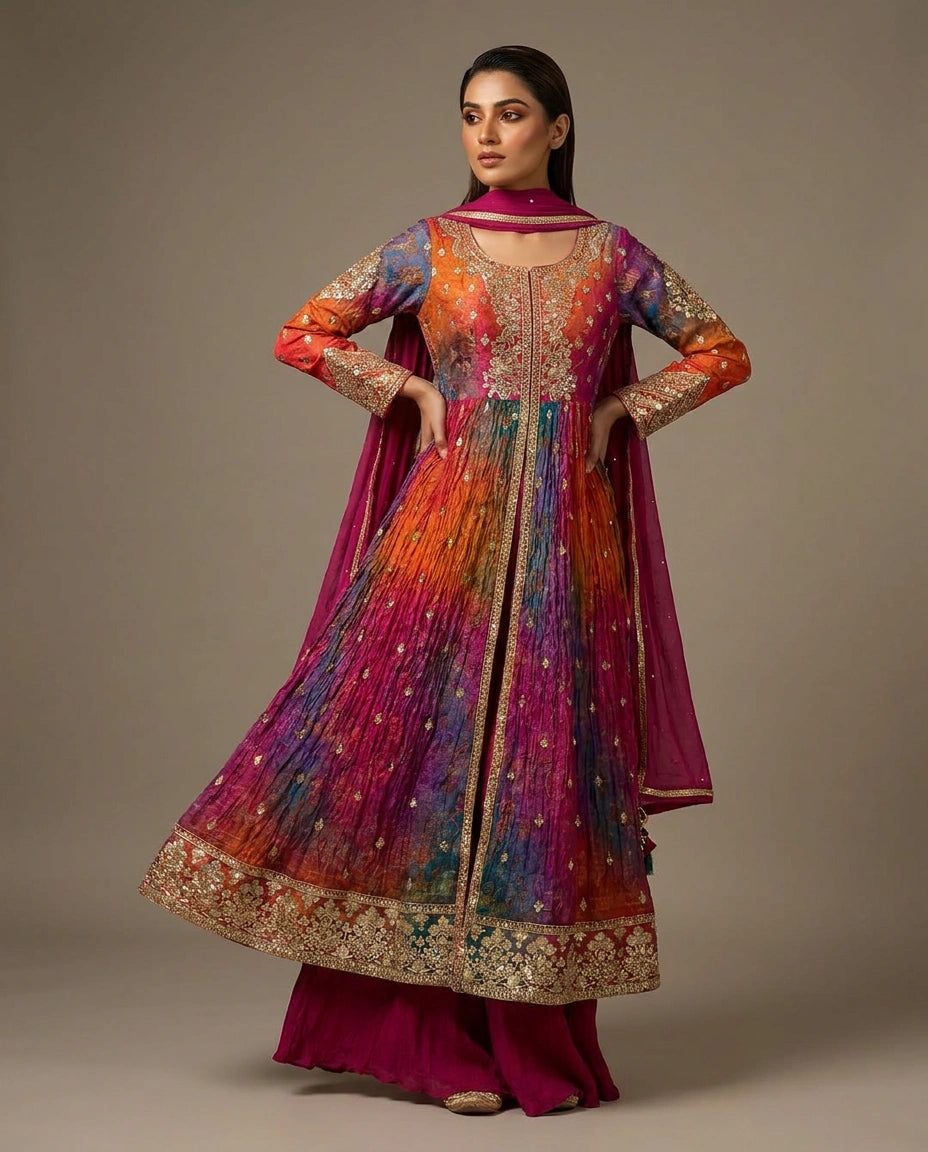 Magenta Chinon Front-Slit Suit with Front Slit view 3
