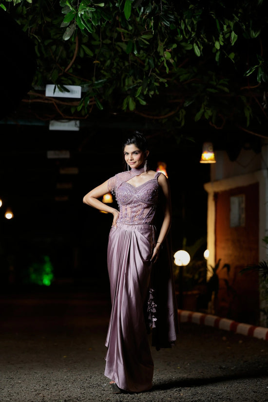 Mauve Corset Embroidered Drape Saree Indo Western