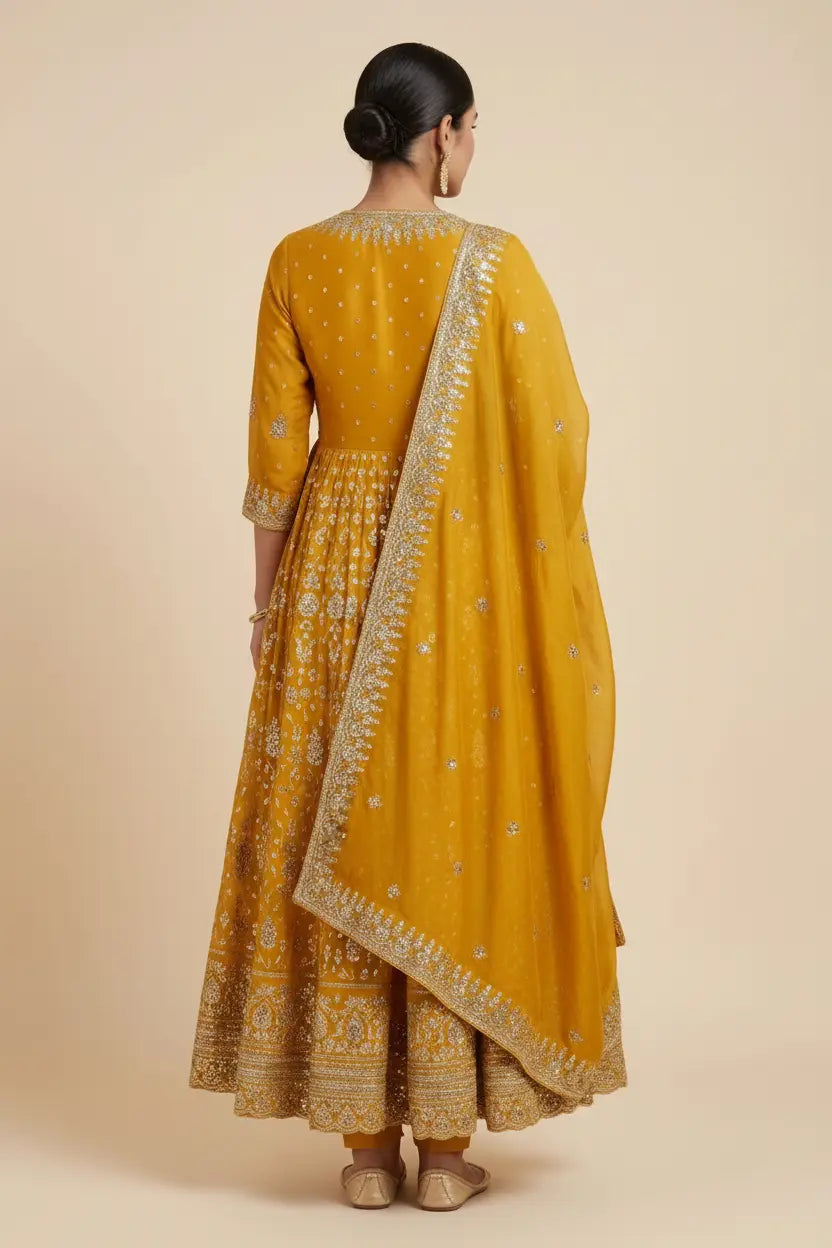 Woman wearing a yellow traditional outfit with intricate patterns on a beige background