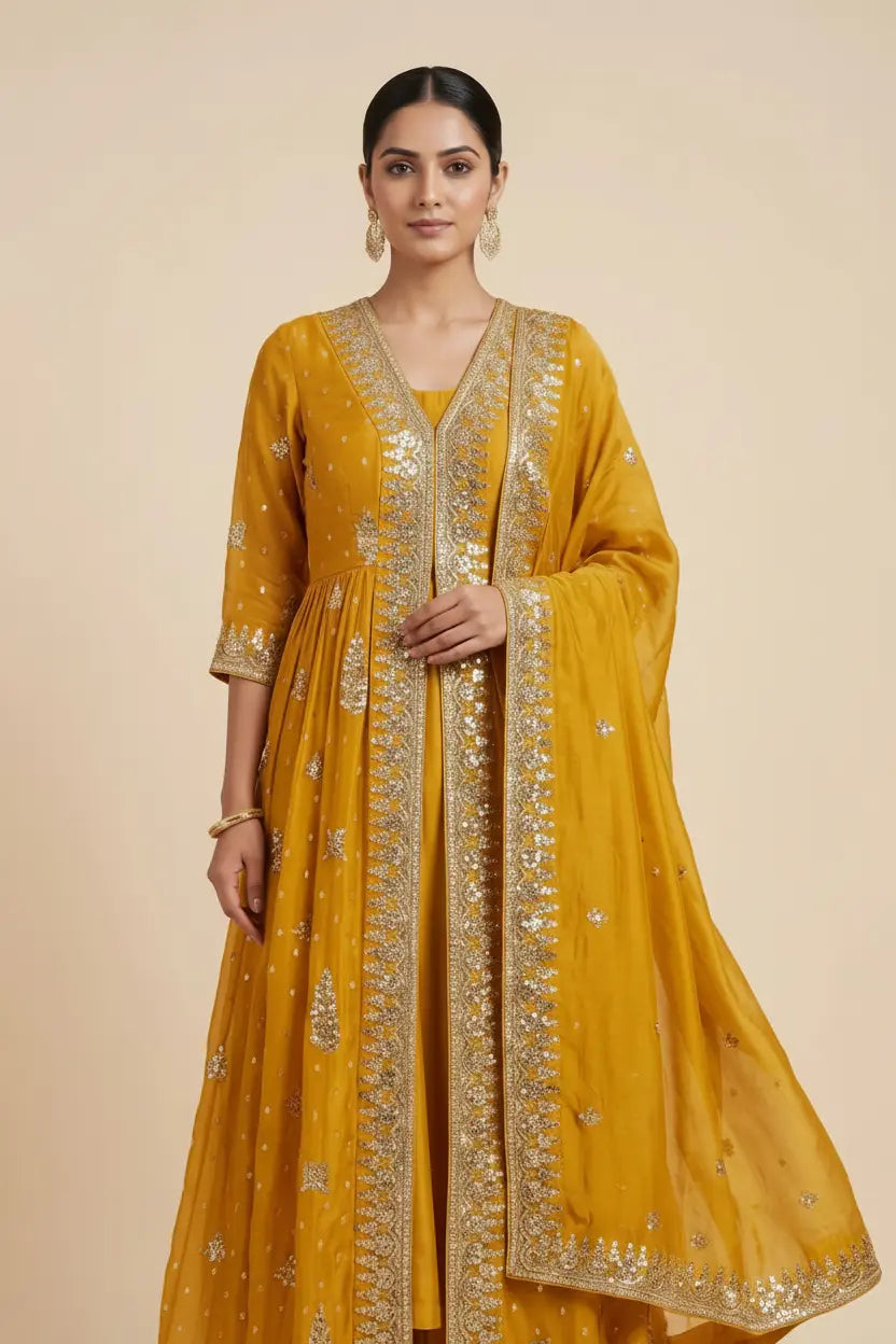 Woman wearing a mustard yellow traditional outfit with gold embroidery on a beige background