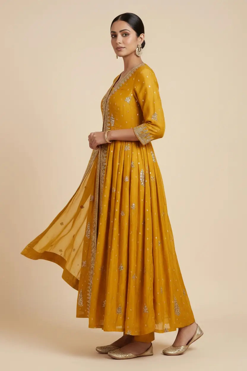 Woman wearing a mustard yellow traditional outfit with a beige background