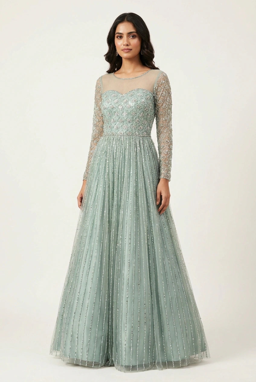 Firozi Blue Net Anarkali Gown for Reception Evening