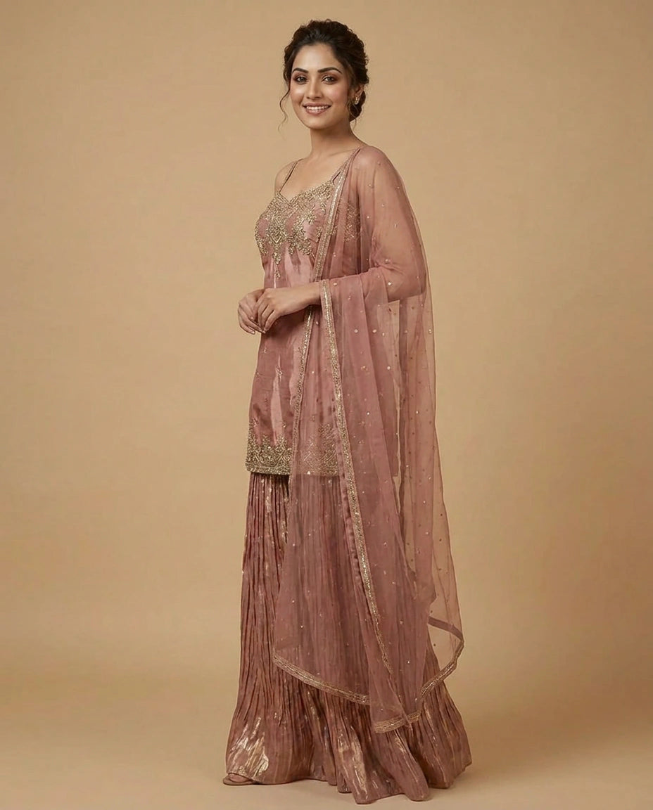 Tissue Sharara Suit with Aari Embroidered Bodice Online India - Rangoli India