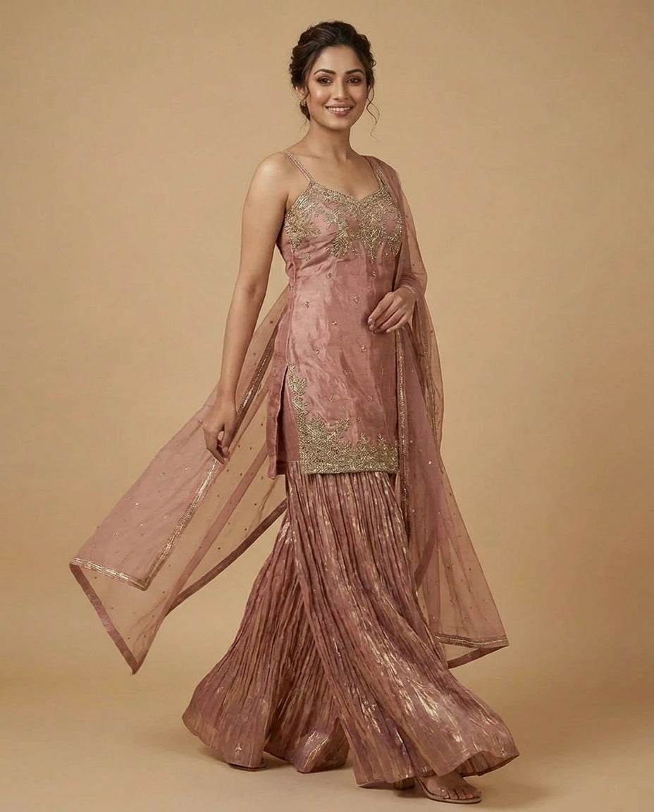 Tissue Sharara Suit with Aari Embroidered Bodice Online India - Rangoli India
