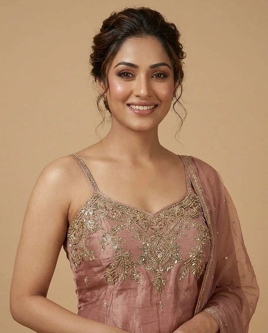 Onion Pink Tissue Sharara Suit with Aari Bodice