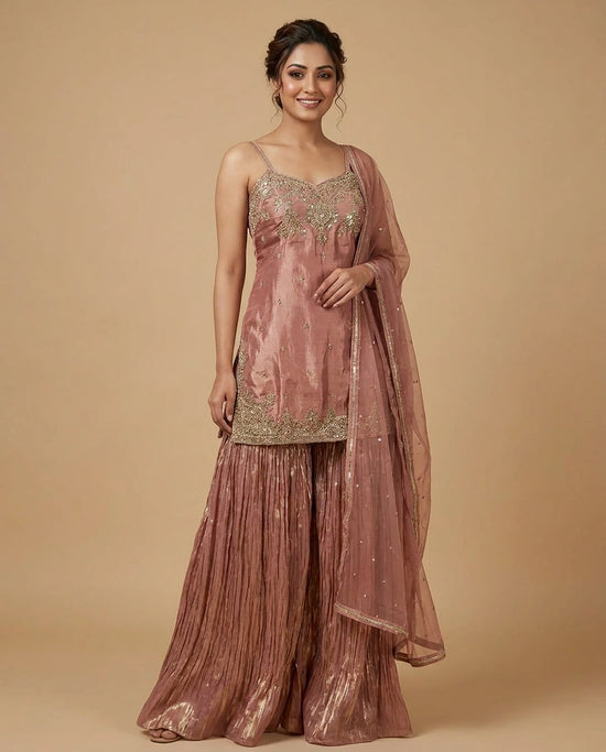 Tissue Sharara Suit with Aari Embroidered Bodice Online India - Rangoli India