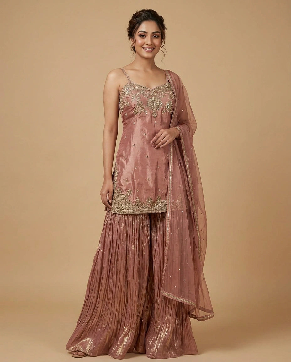 Tissue Sharara Suit with Aari Embroidered Bodice Online India - Rangoli India