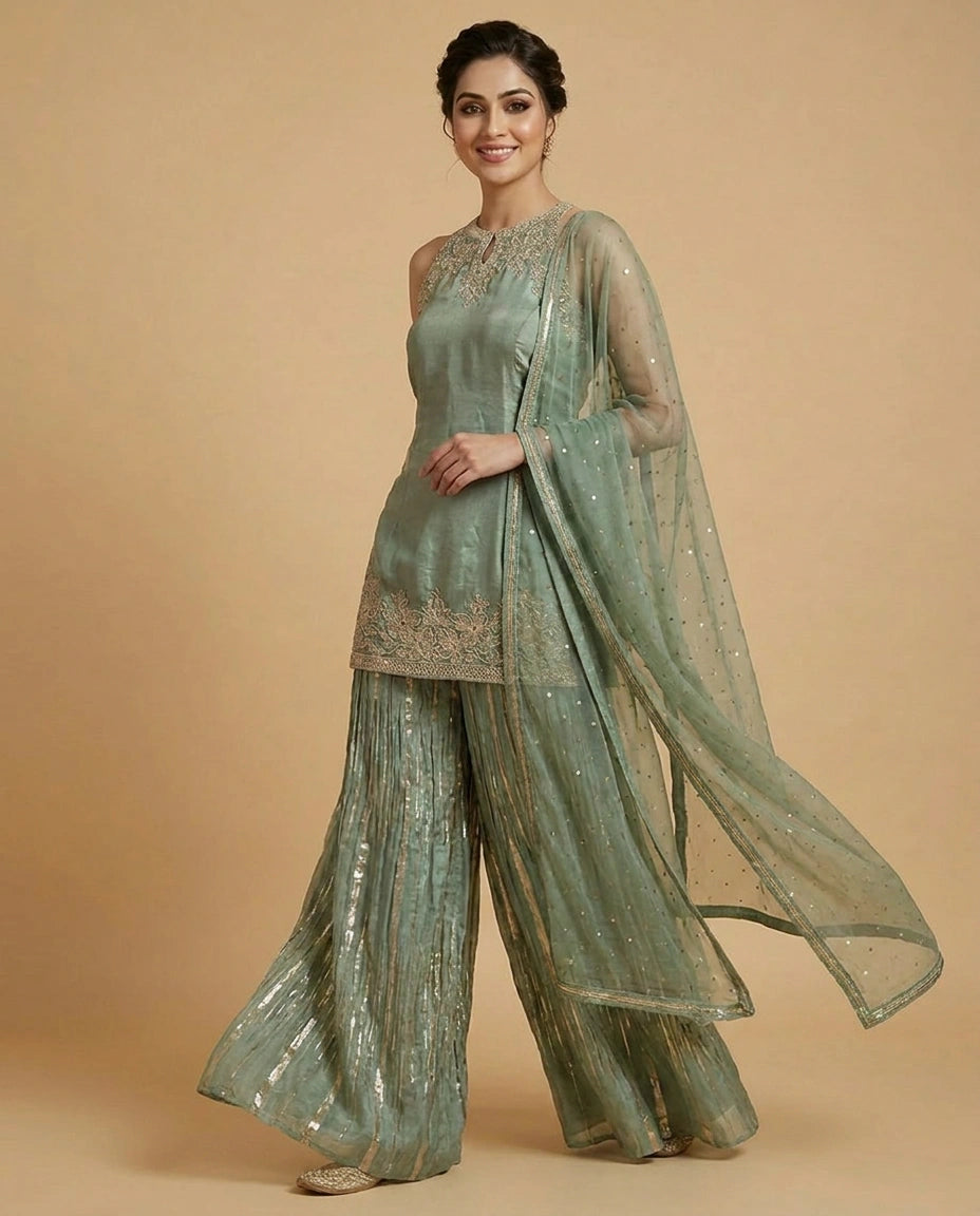 Tissue Sharara Suit with Mirror Work Detailing Online India - Rangoli India