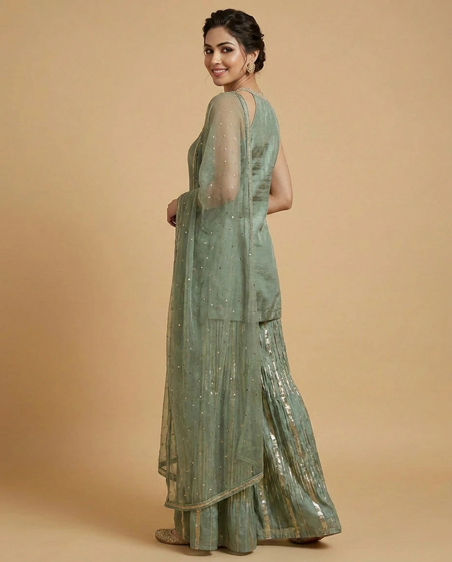 Tissue Sharara Suit with Mirror Work Detailing Online India - Rangoli India
