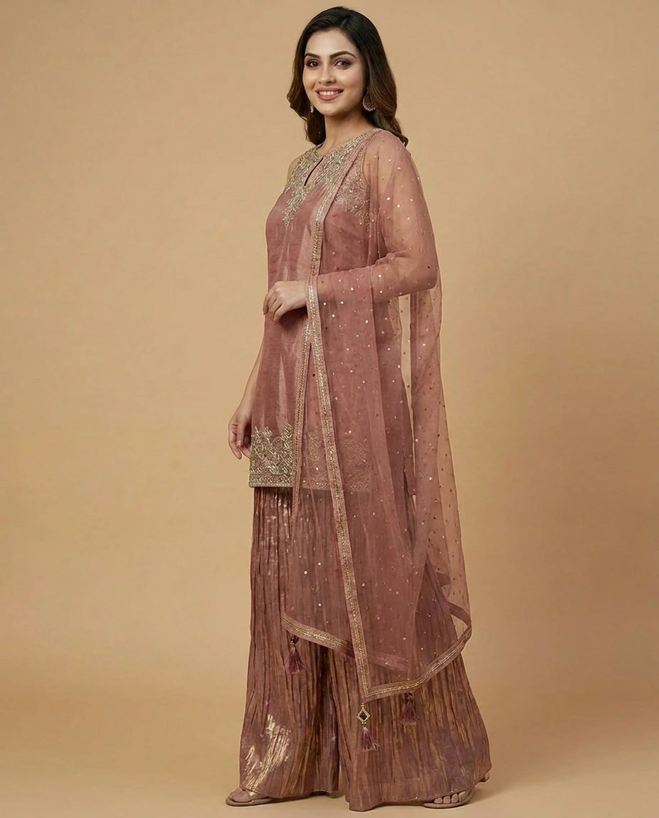 Tissue Sharara Suit with Mirror Work Detailing Online India - Rangoli India