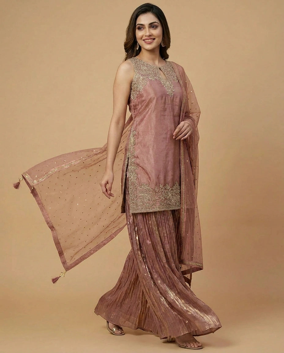 Tissue Sharara Suit with Mirror Work Detailing Online India - Rangoli India