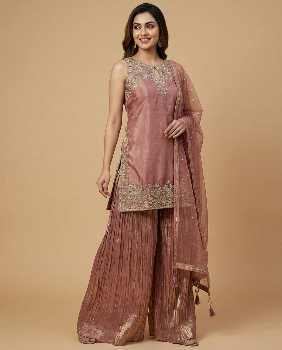 Tissue Sharara Suit with Mirror Work Detailing Online India - Rangoli India