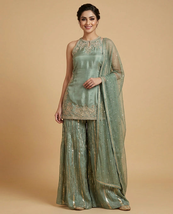 Tissue Sharara Suit with Mirror Work Detailing Online India - Rangoli India