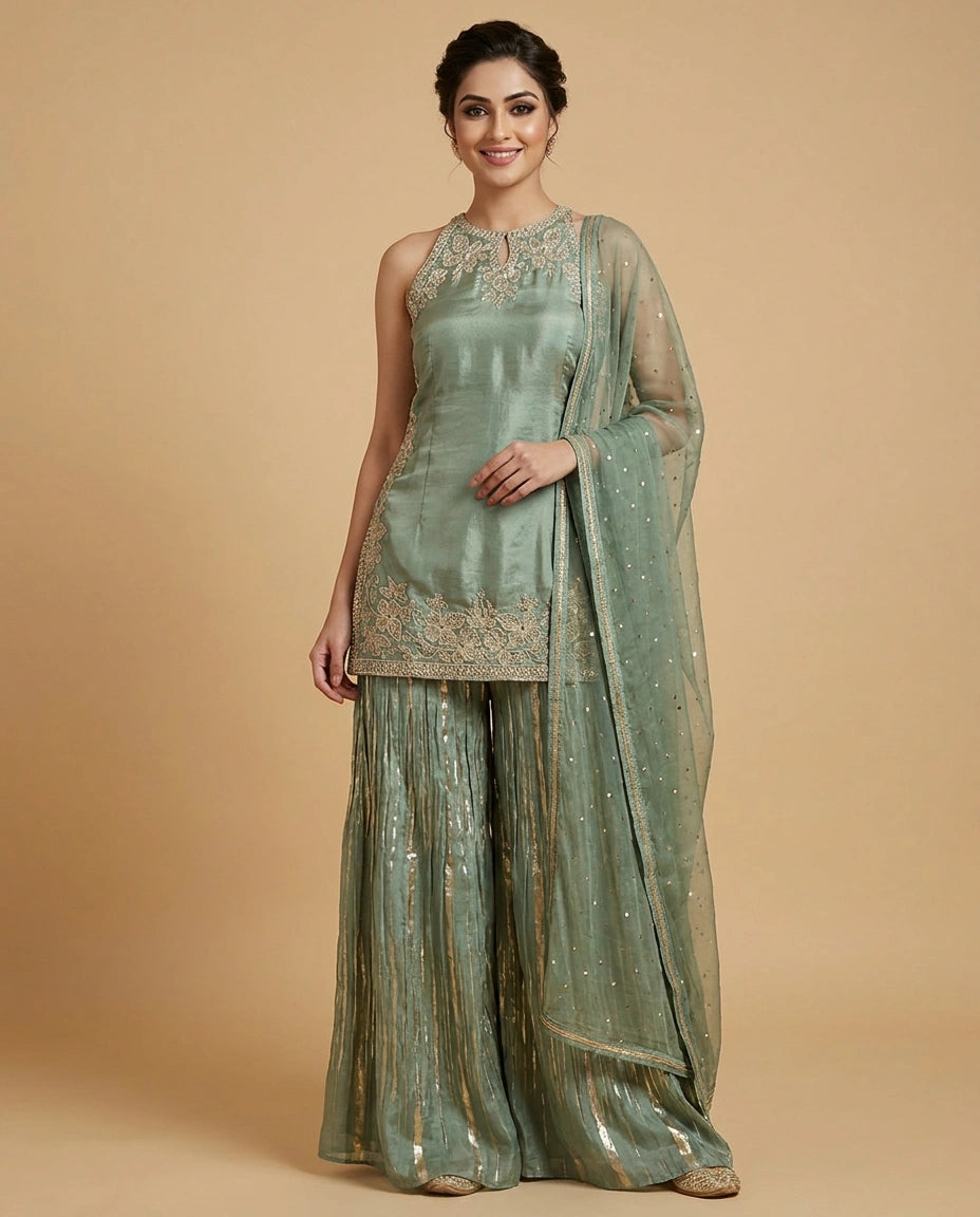 Tissue Sharara Suit with Mirror Work Detailing Online India - Rangoli India