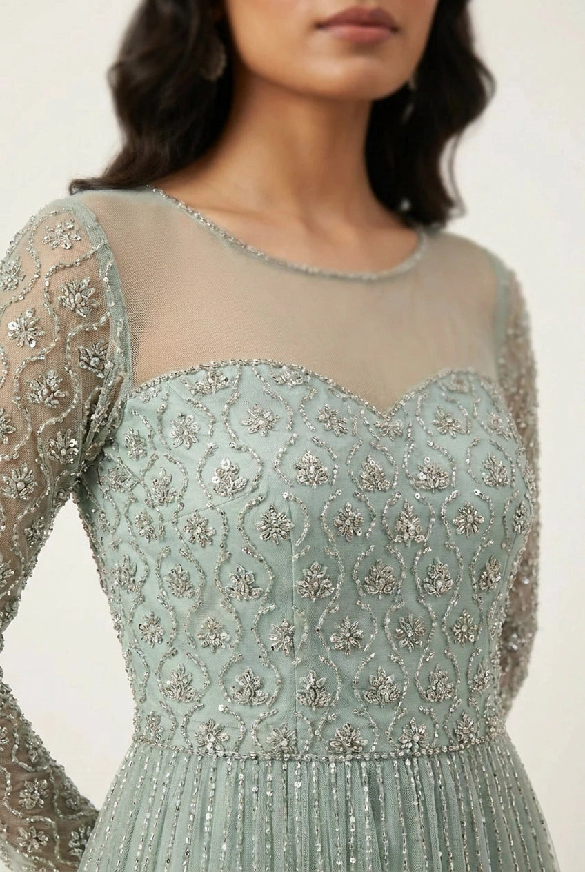 Firozi Blue Net Anarkali Gown for Reception Evening
