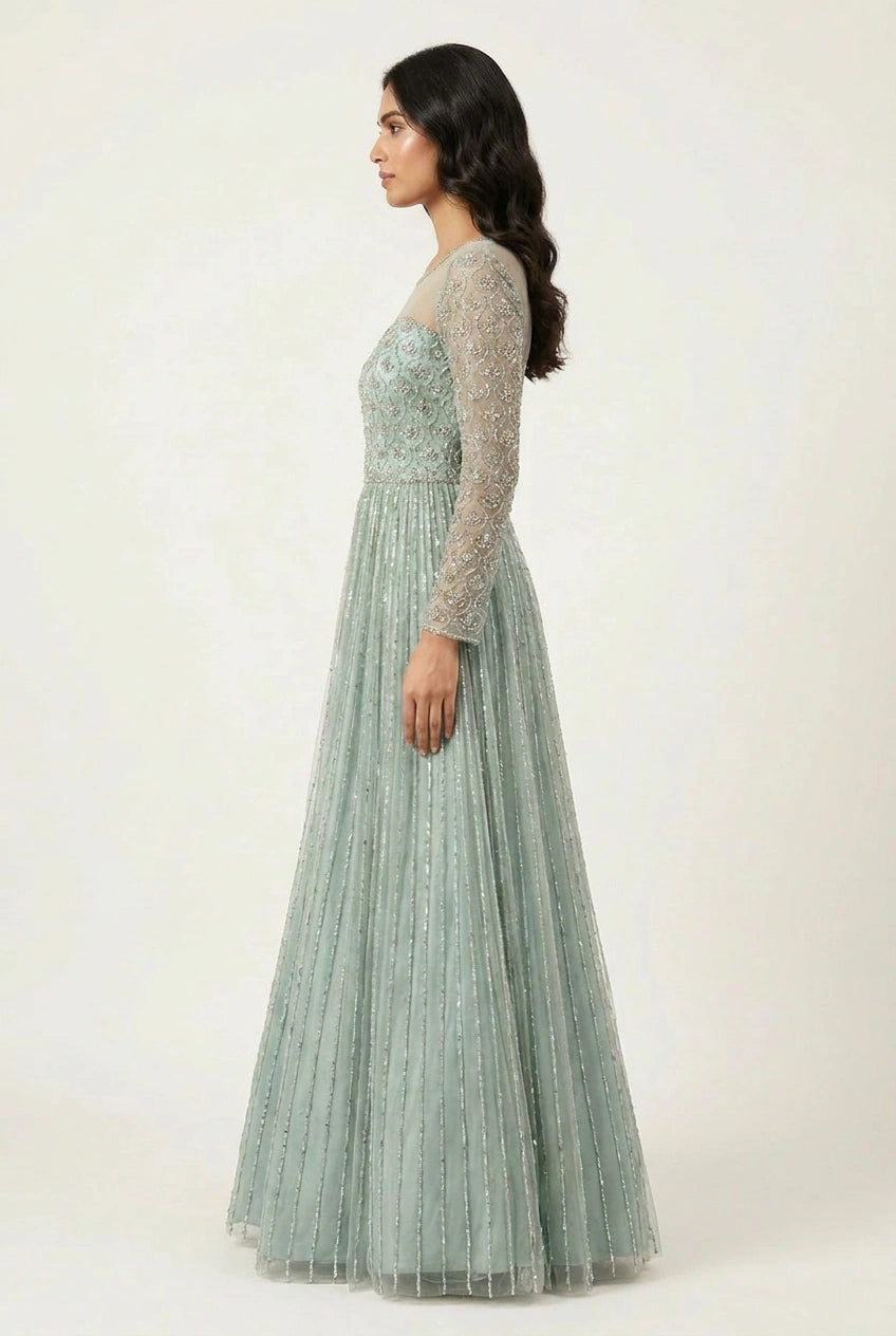 Firozi Blue Net Anarkali Gown for Reception Evening